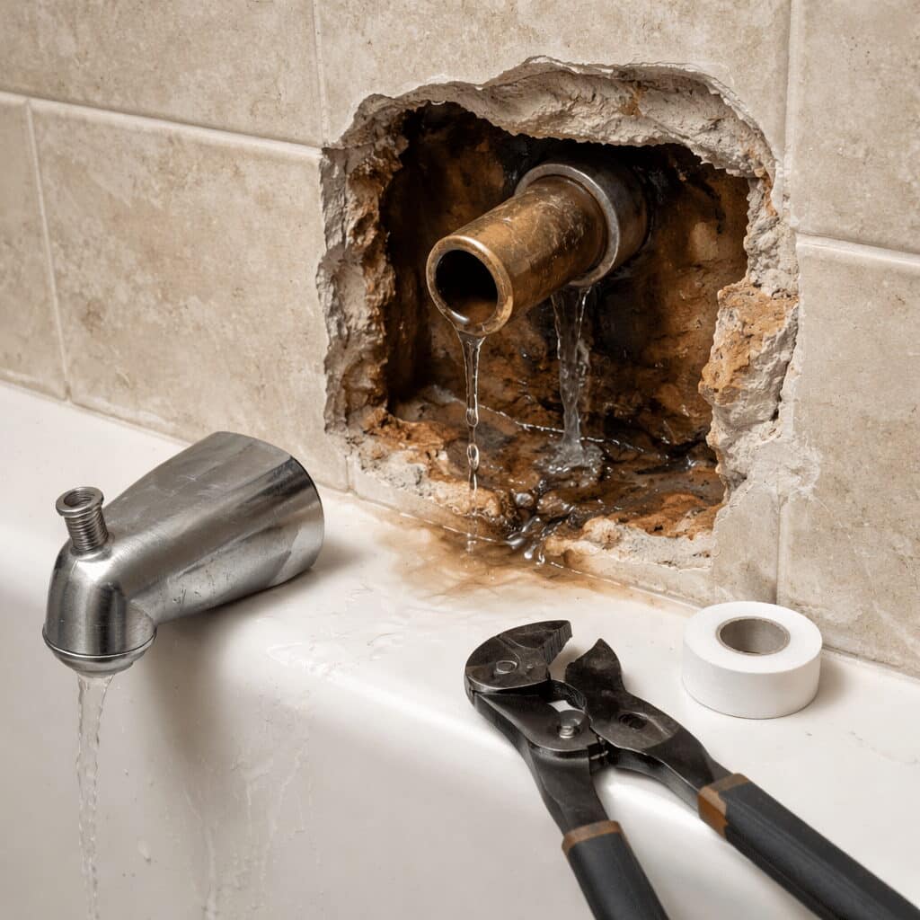 tub spout leaking behind wall