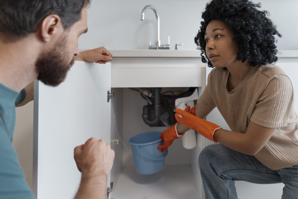 couple in house looking under sink to find a hidden water leak in their houston tx home