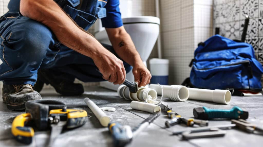 plumber in houston tx looking at polybutylene pipe on bathroom floor
