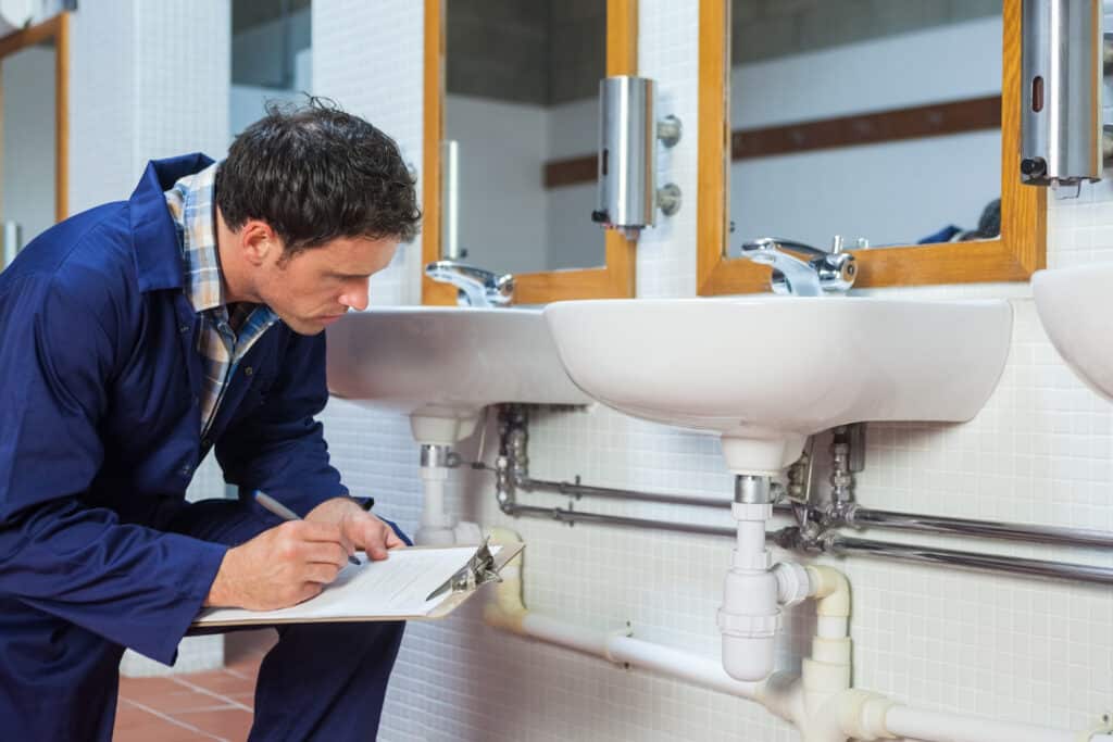 plumber inspecting sink to get an inspection in houston