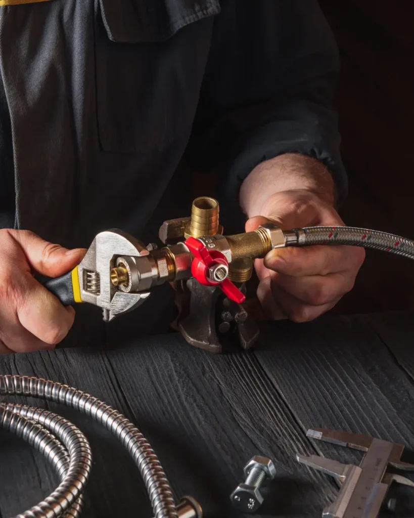 Plumber using a wrench to fit a brass gas valve and shutoff during a gas line repair and installation in Houston
