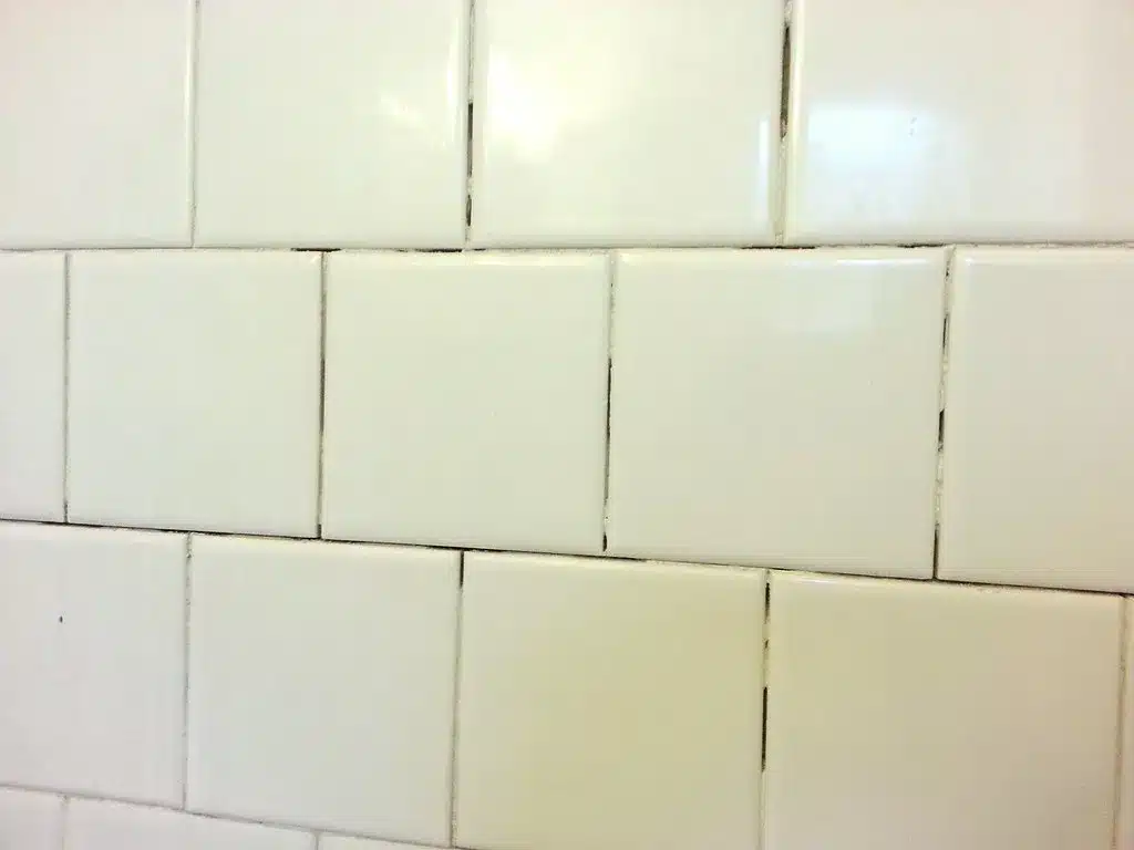 Cracked grout lines between white shower tiles