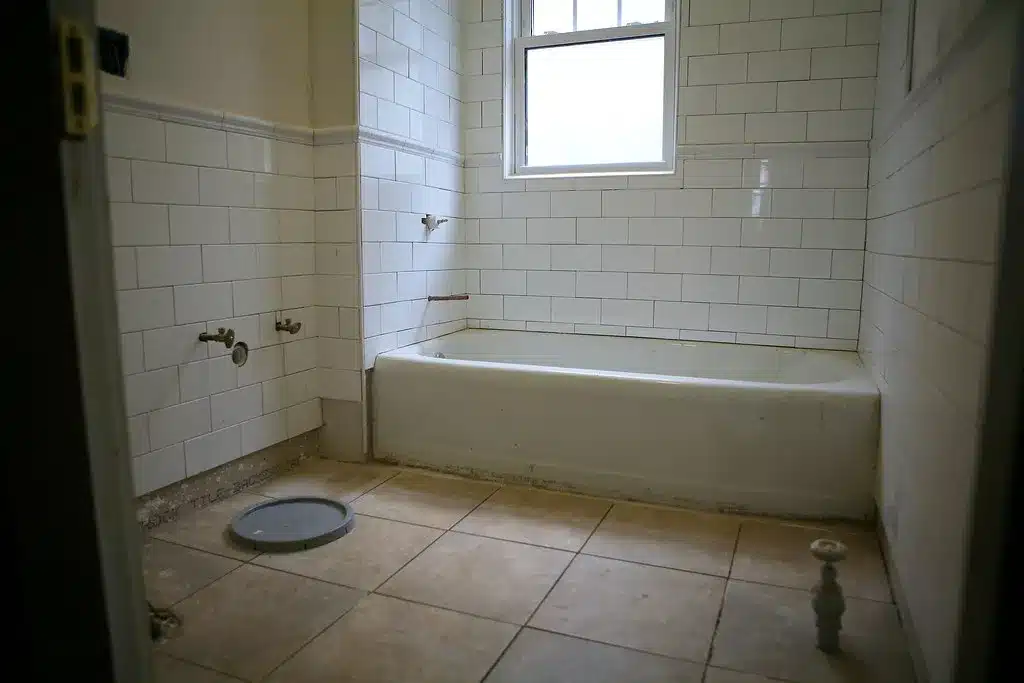 Open tiled shower floor with a floor drain and no curb